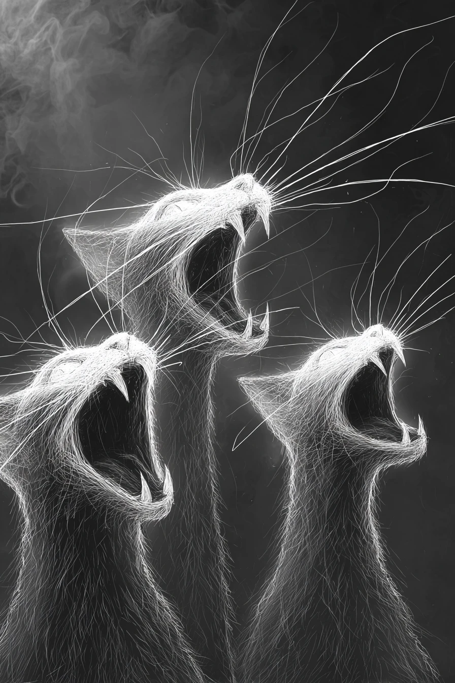 Gatos inquietantes con forma humana y mandíbulas abiertas en monocromo