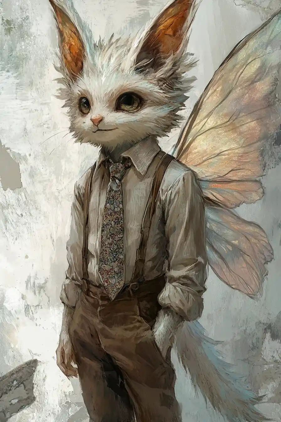 Gentle fantasy creature in shirt and tie with fairy wings