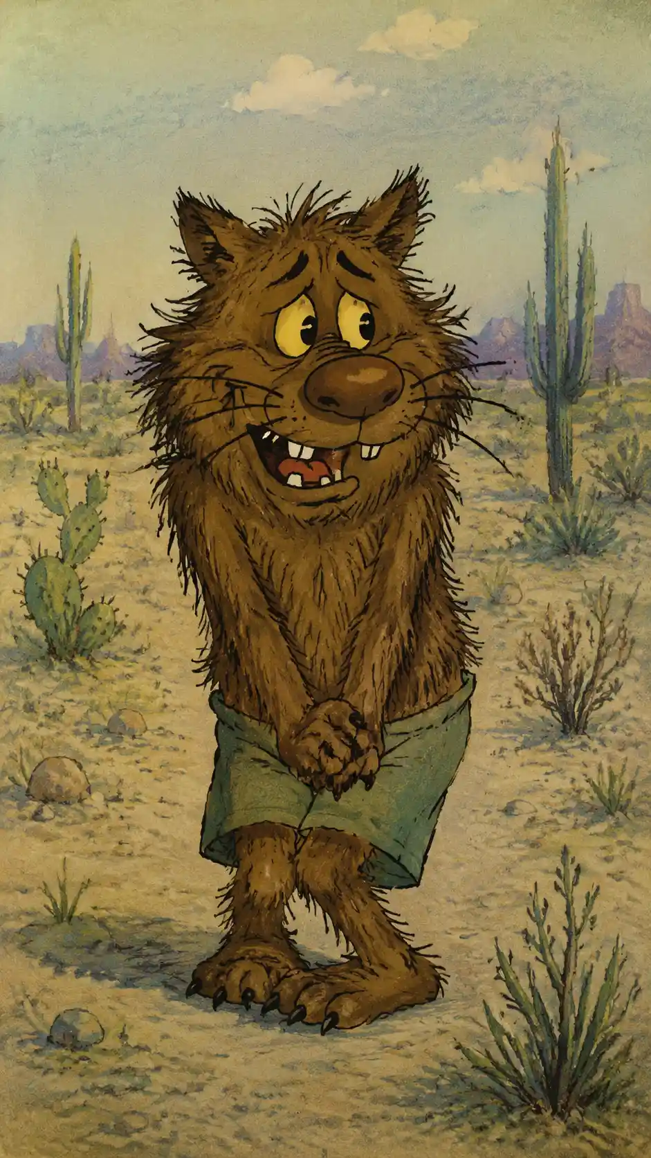 Anthropomorphic furry animal trembling in a desert scene