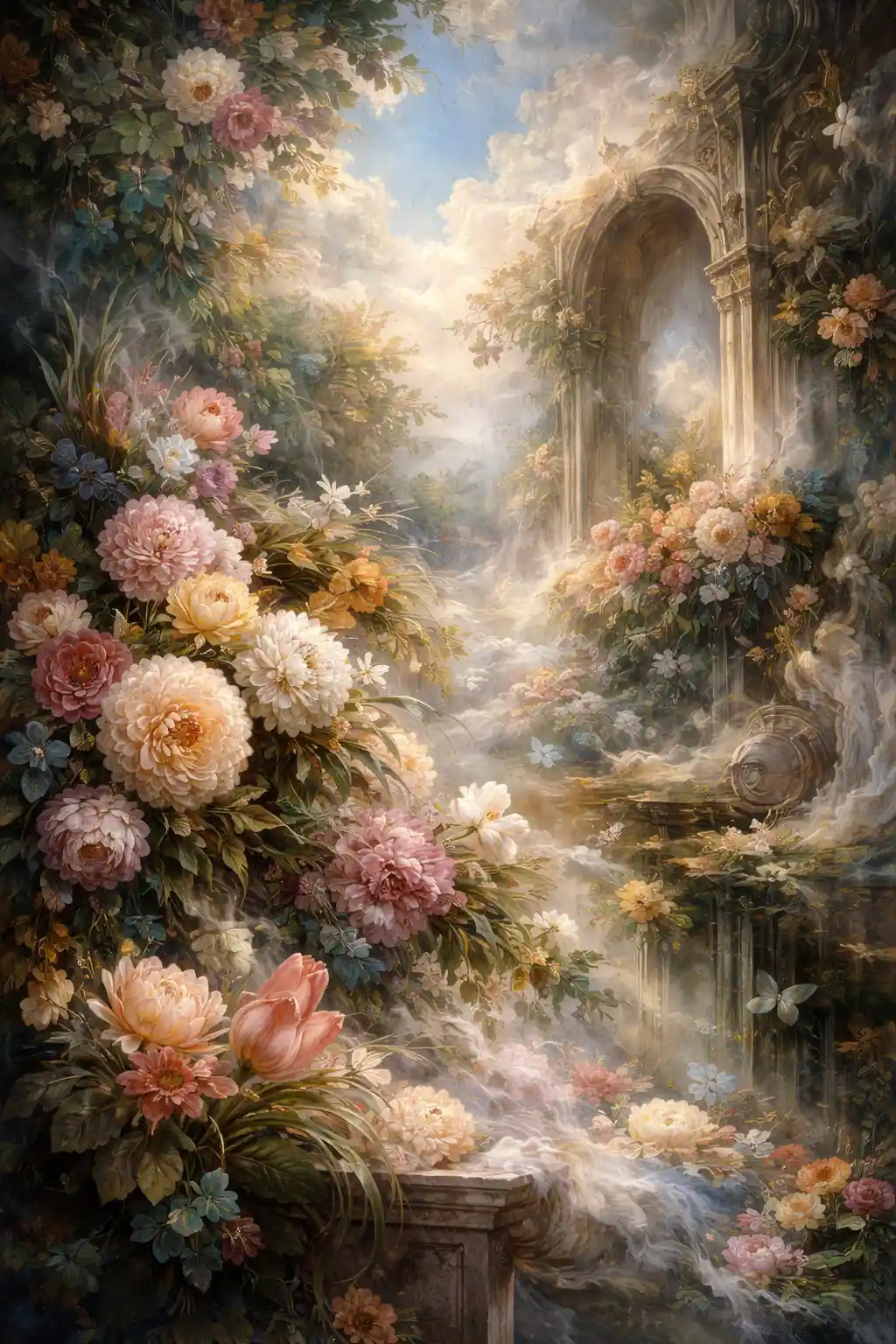 Surreale florale Traumlandschaft zwischen Realität und Illusion