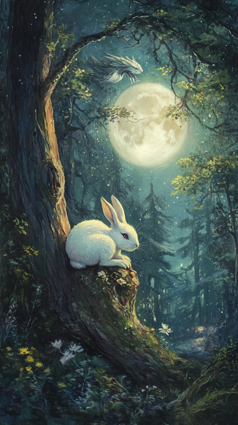 Rabbit Sleeping Under Gentle Moonlight In Quiet Forest