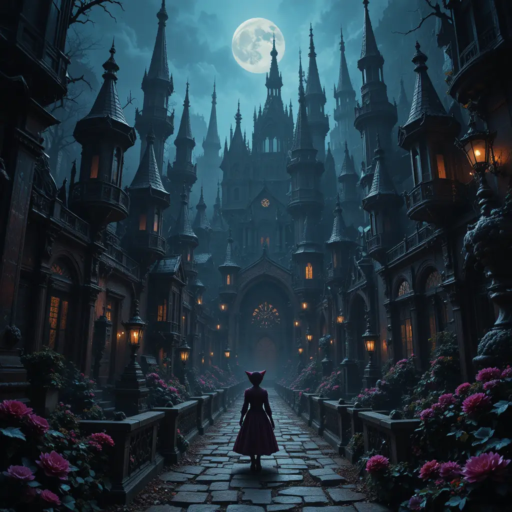Alice wanders through a dark gothic wonderland city