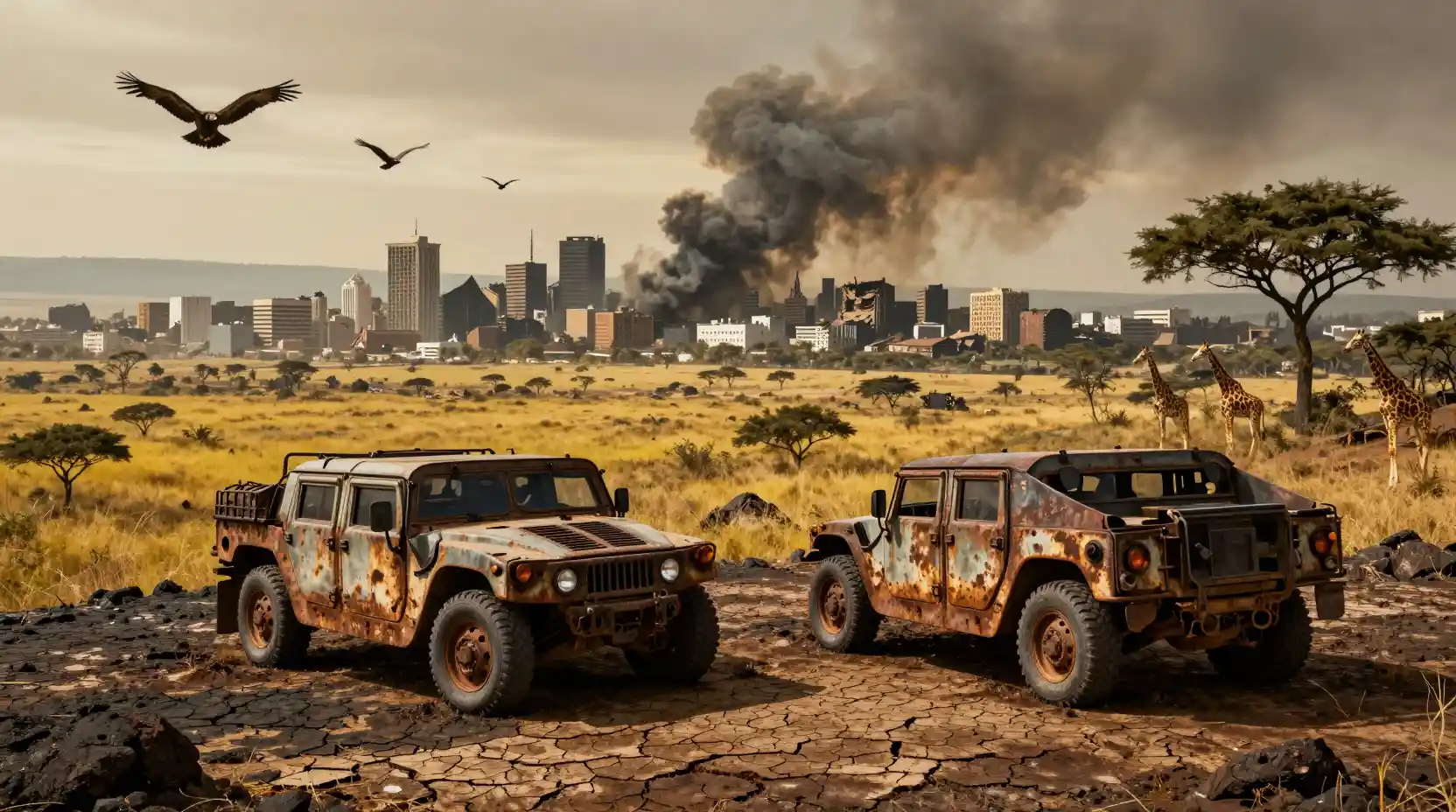 Rusty Military Vehicles On A Scorched Mountain Ridge