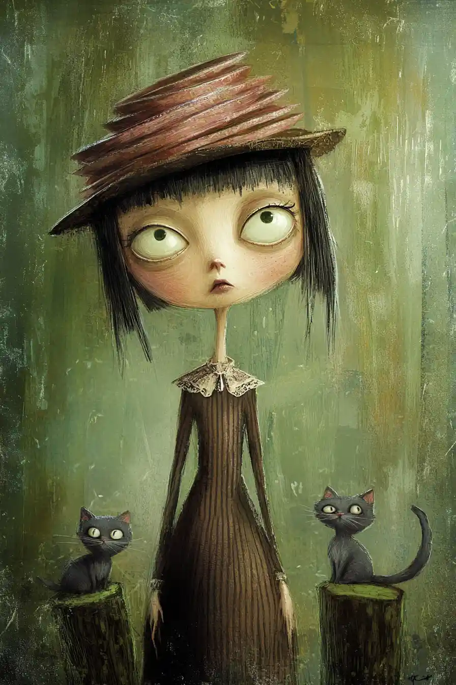 Whimsical girl with towering striped hat and wide eyes