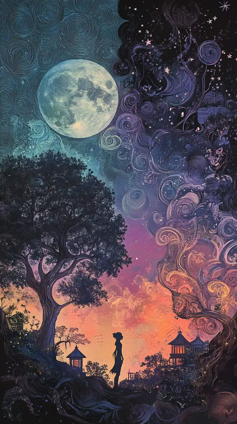 Mythical creature in a swirling fantasy moonlit landscape