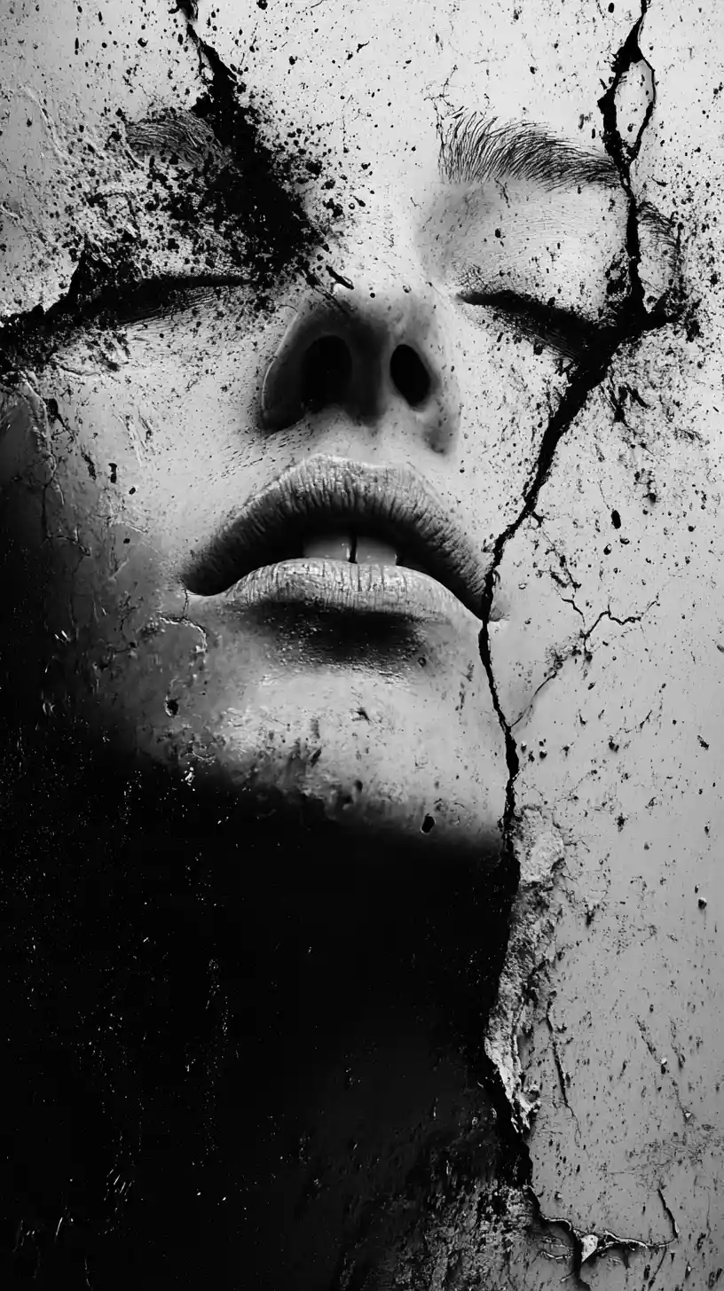 Surreal monochrome portrait dissolving into ink and particles