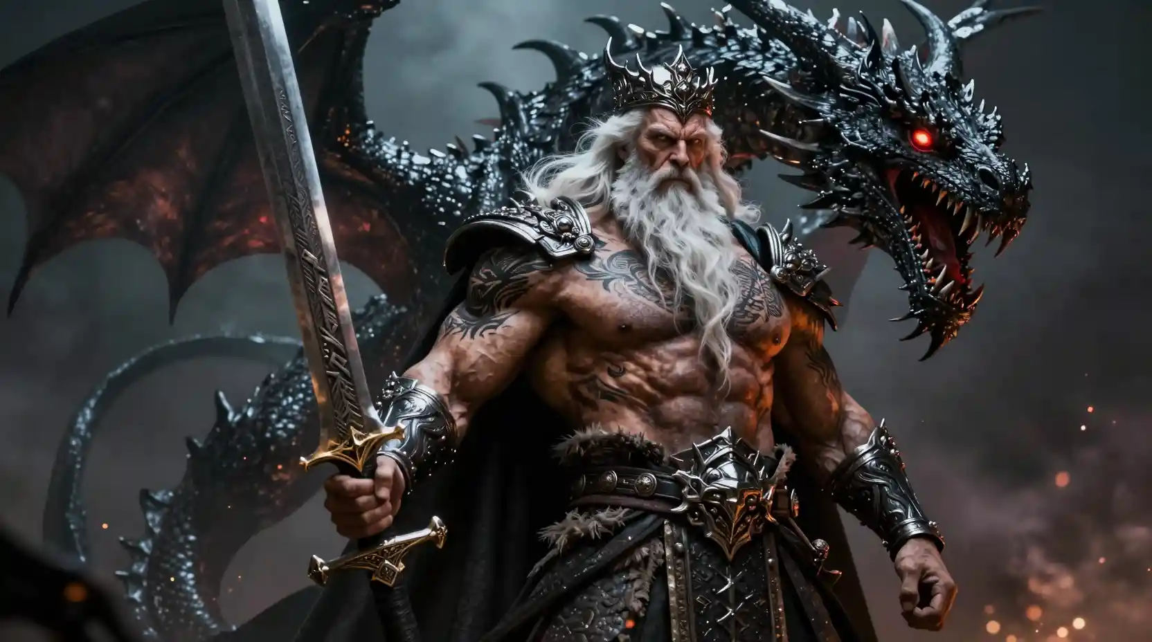 Muscular white haired fantasy king with looming black dragon
