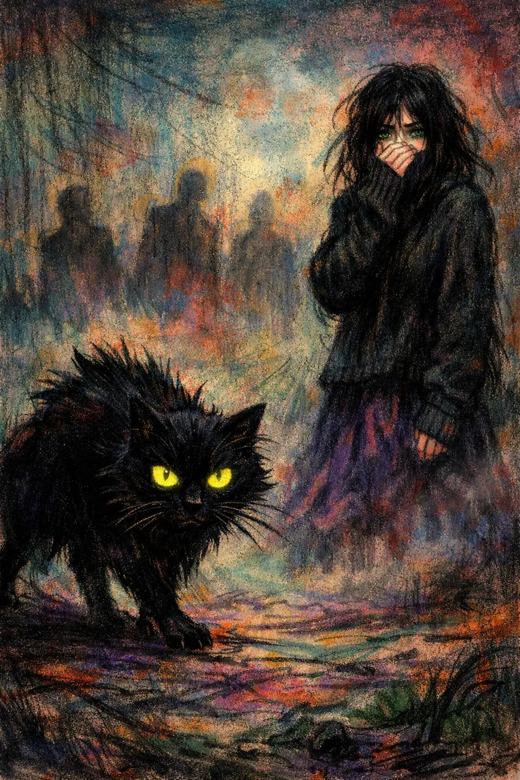 Frau und schwarze Katze in unheimlicher nebliger Zeichnung