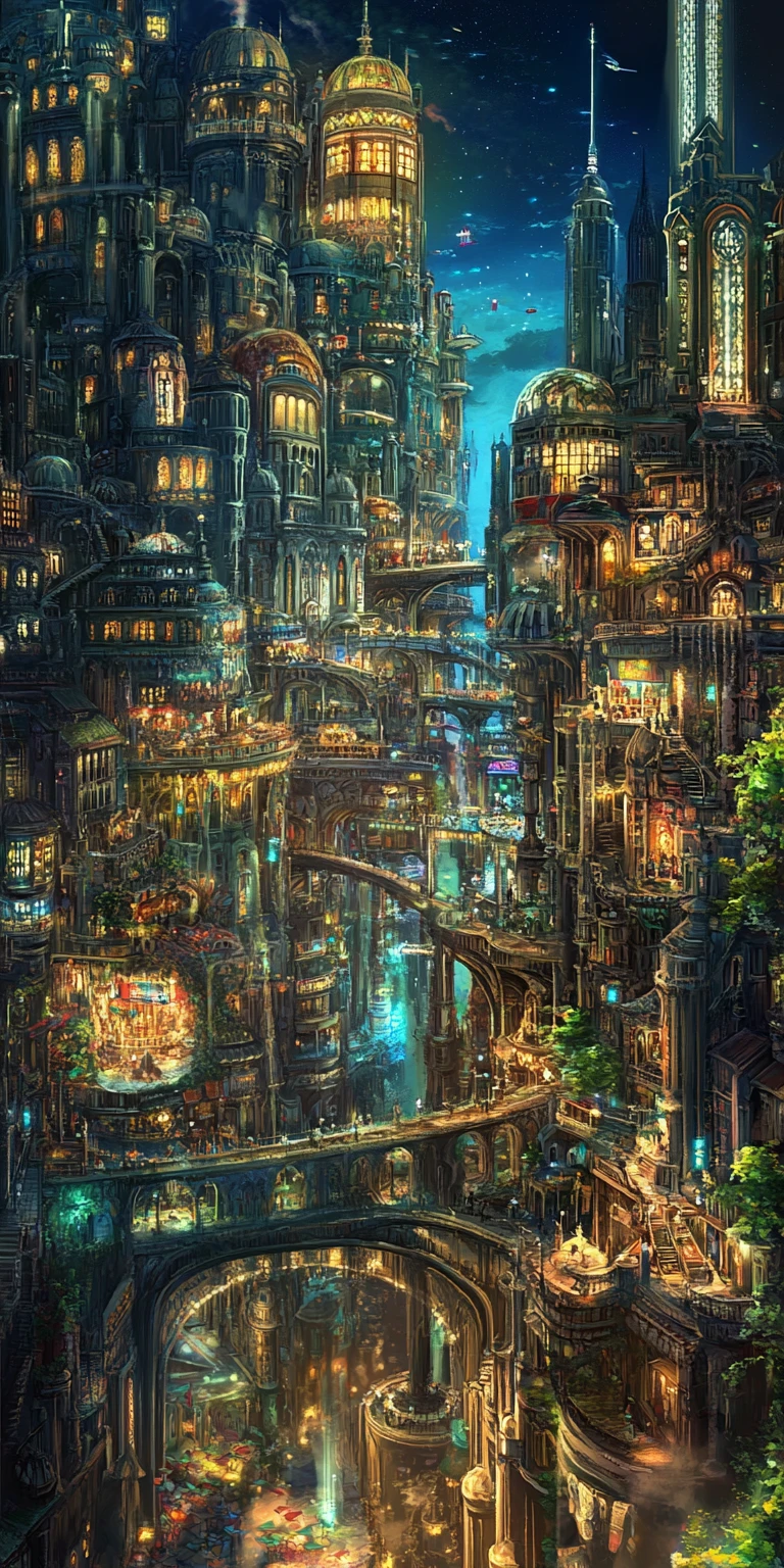 Surreal kaleidoscopic cityscape of winding streets and towers