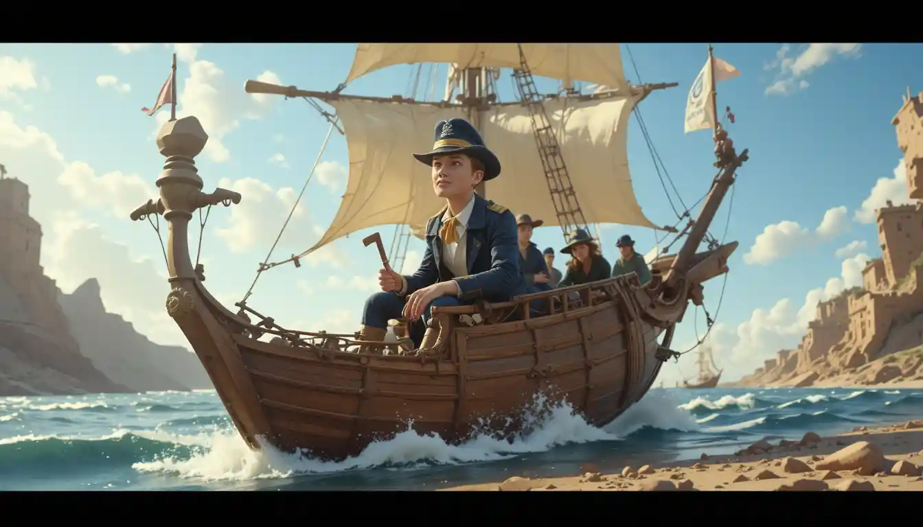 Young reporter and dog sailing toward a hidden sea treasure