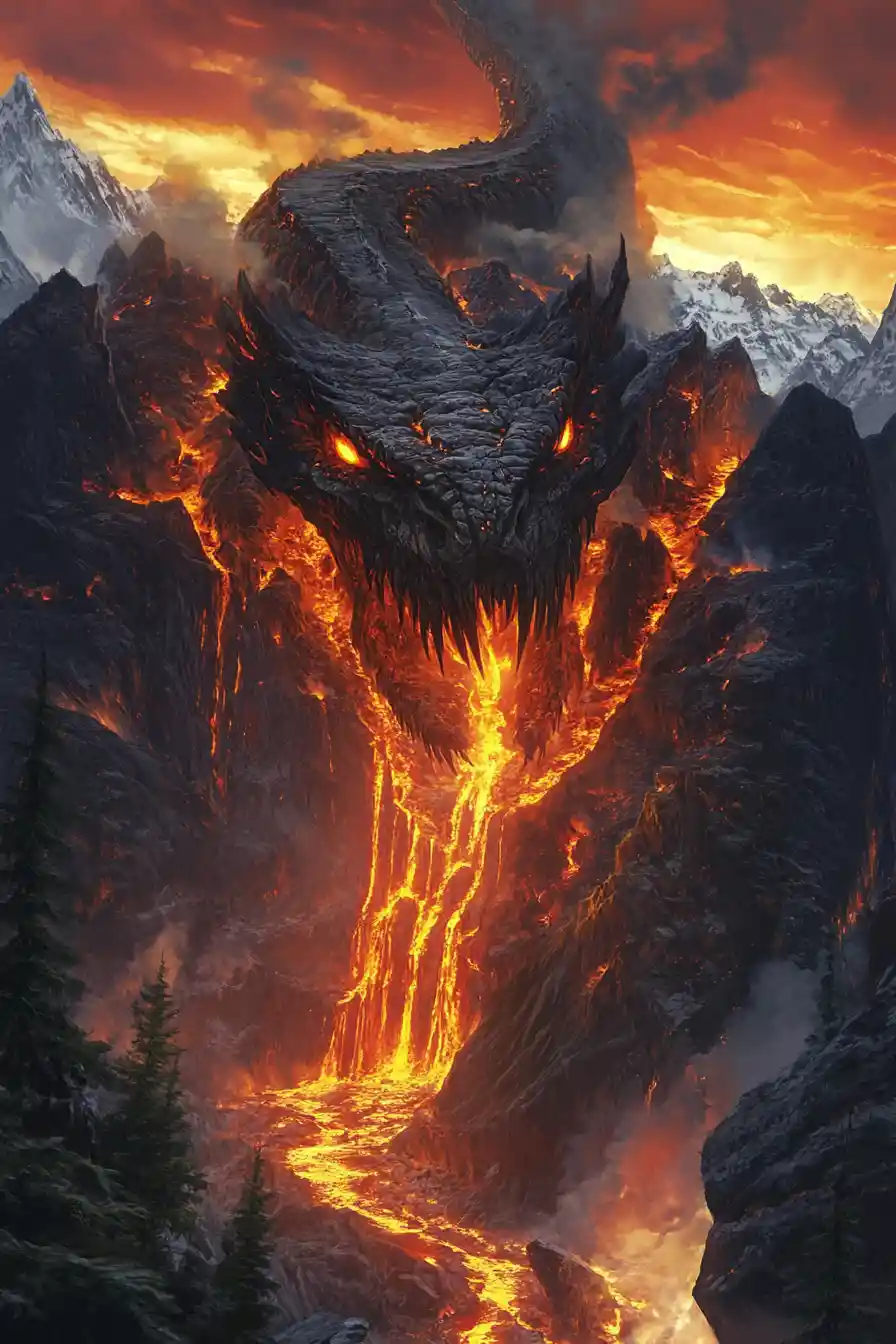 Colossal Lava Dragon Emerging From Flaming Mountain Landscape