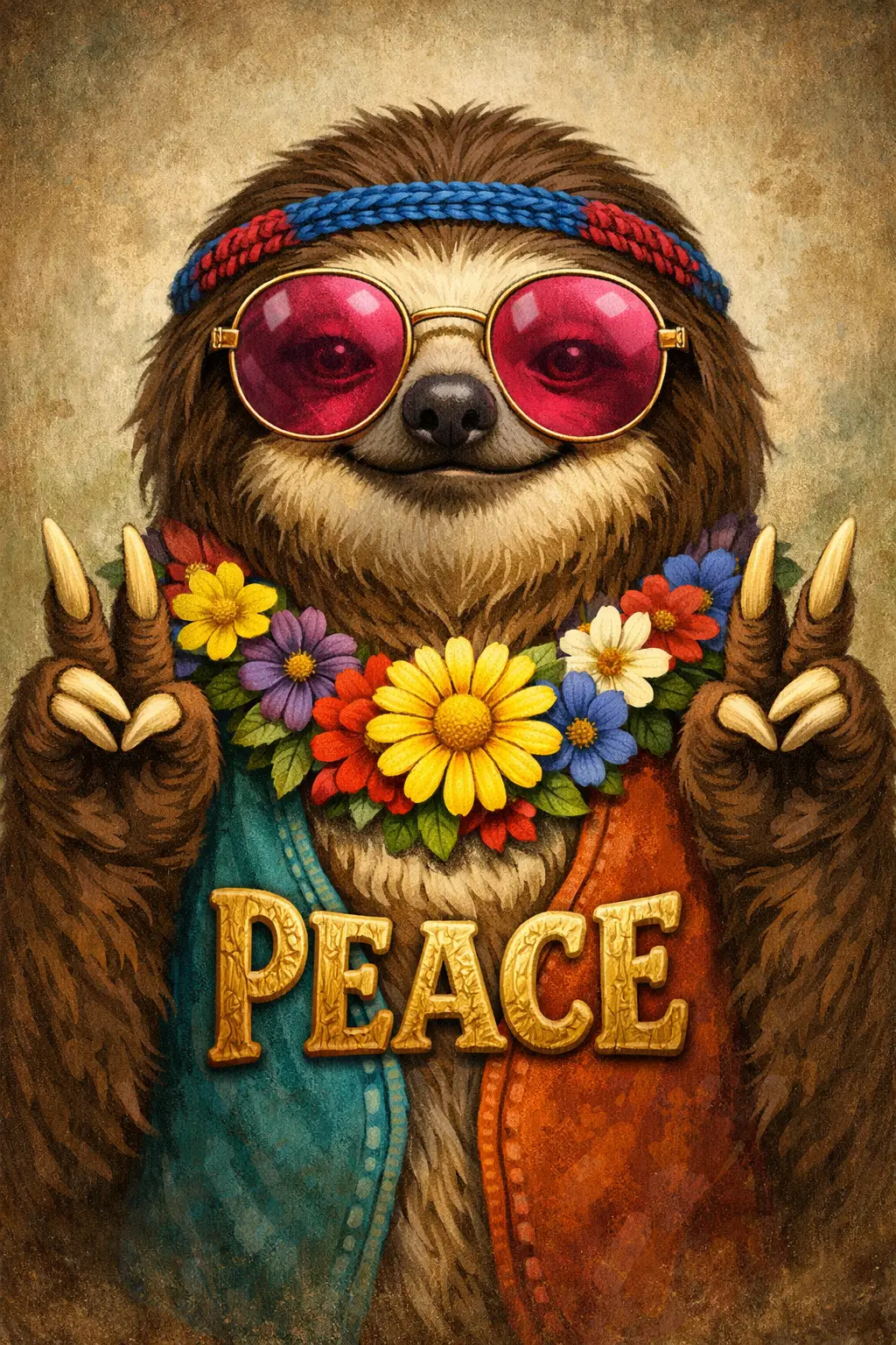 Hippie sloth portrait with peace sign and floral garland