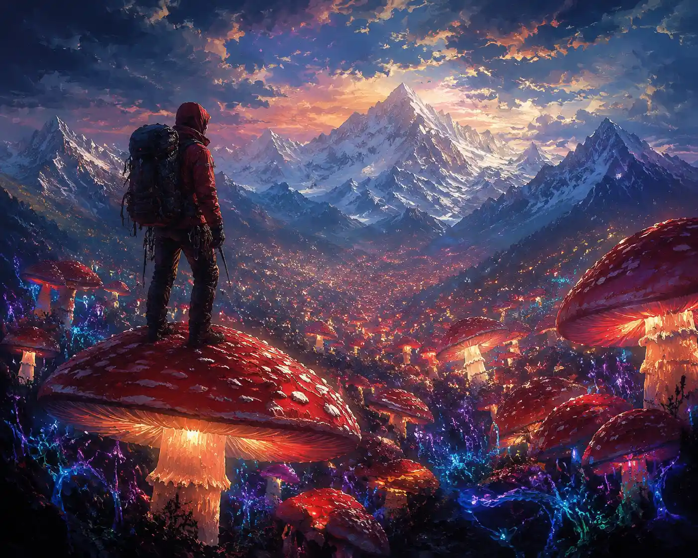 Mountaineer Above Bioluminescent Mushroom Forest In High Peaks