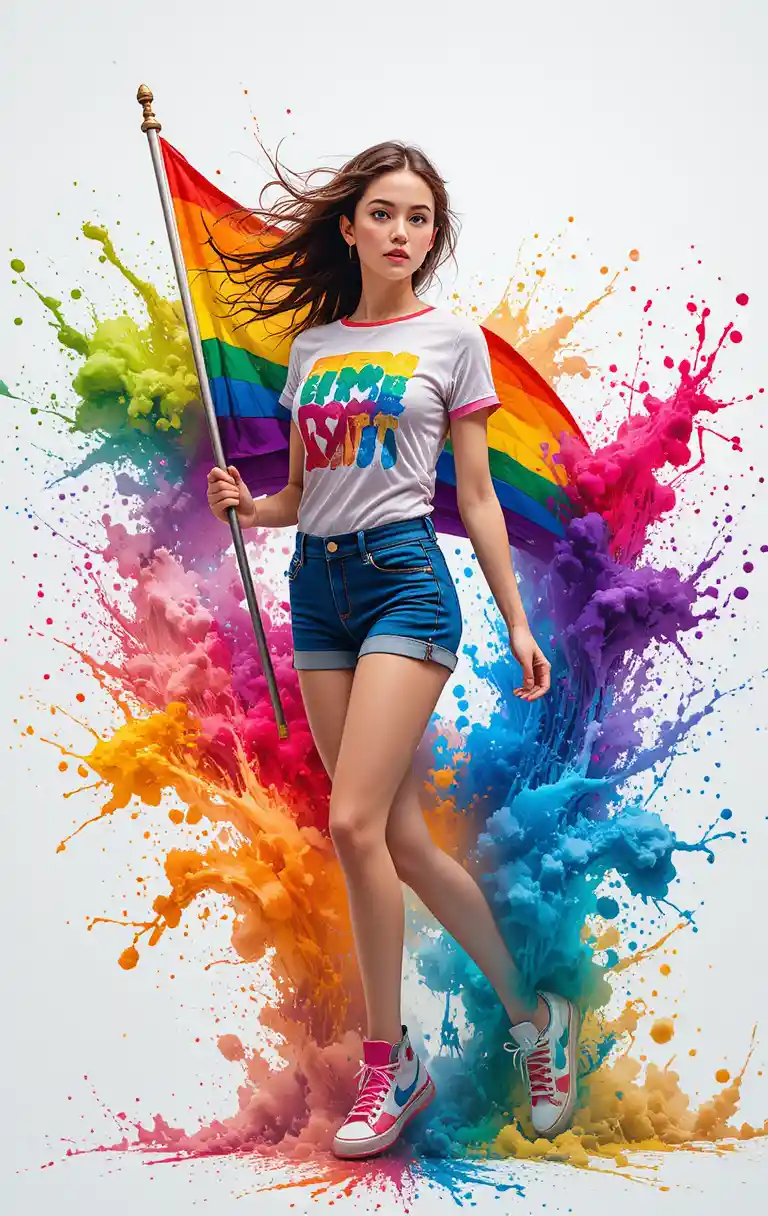 Italian girl with rainbow splashes and pride flag in motion