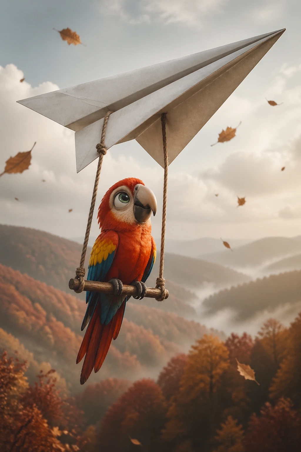 Loro colorido en un avión de papel sobre colinas otoñales