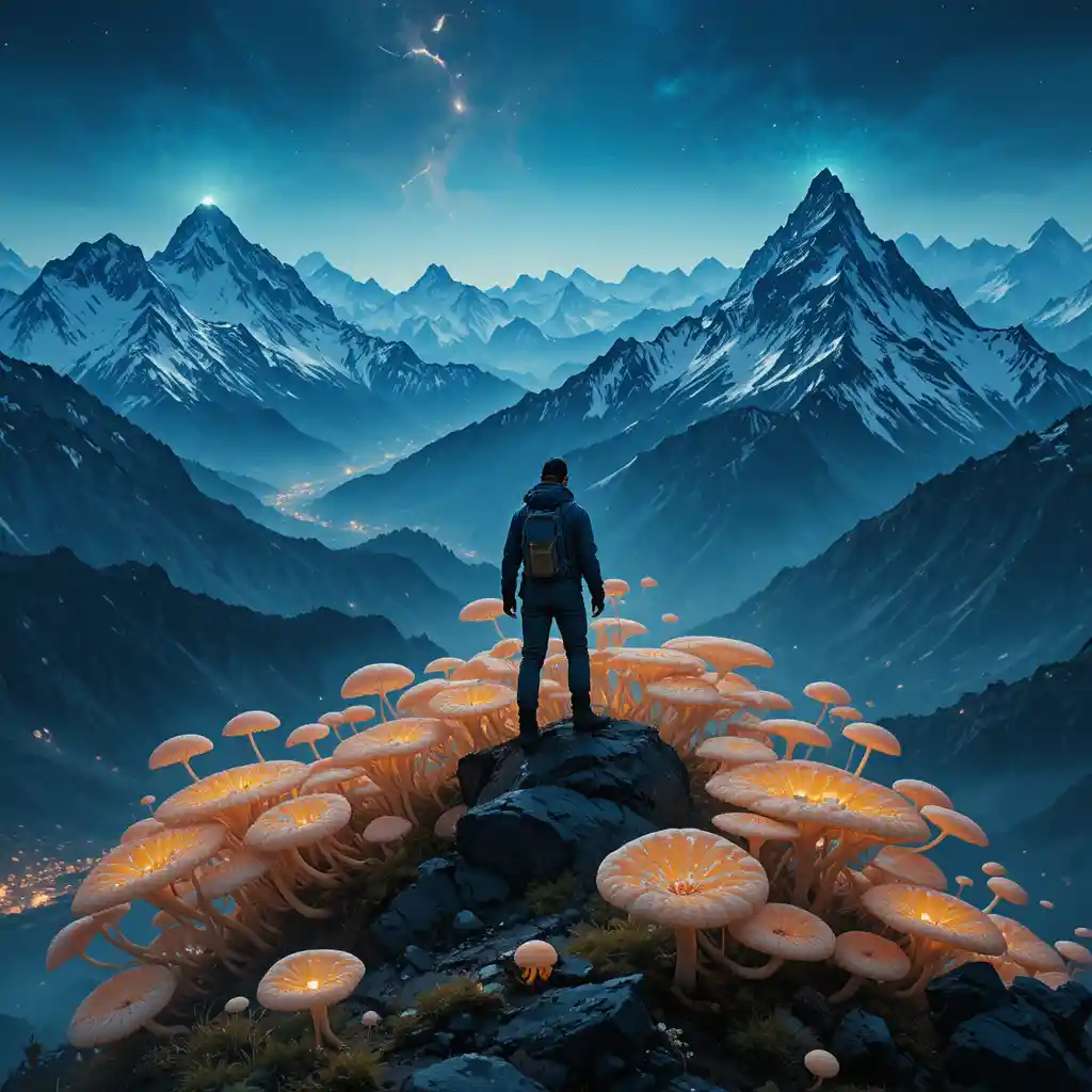Mountaineer above glowing fungal forest in snowy mountains
