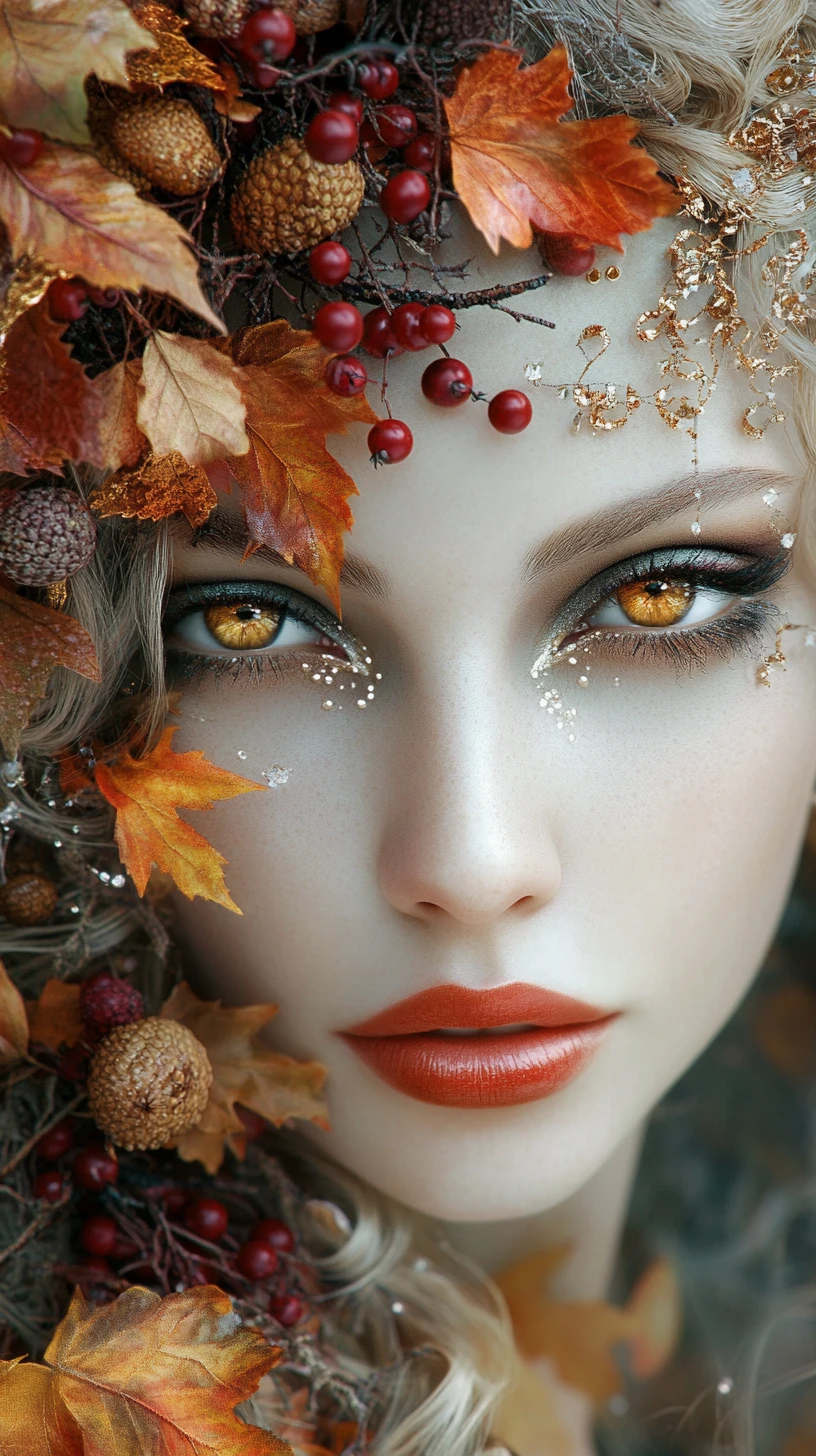 Retrato surreal de mujer otoñal con elementos botánicos