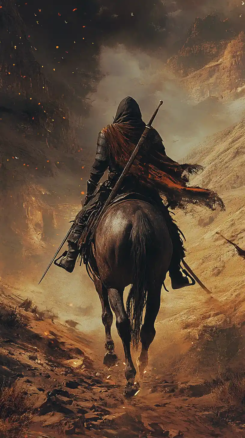 Outlaw rider crossing a vast desert under harsh sun