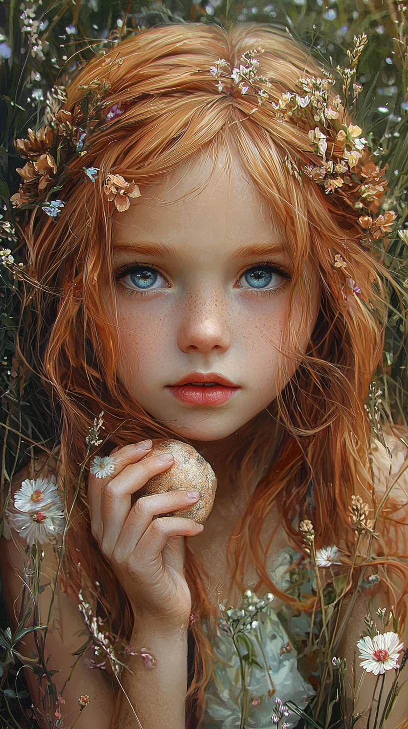 Dreamy little girl in green dress holding dandelion