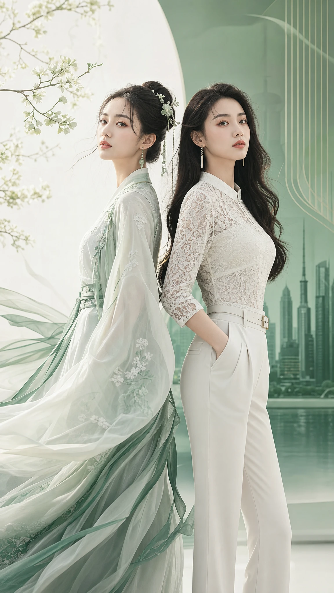 Mujeres gemelas en moda moderna y arte tradicional de hanfu