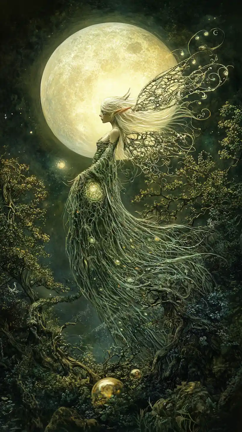 Ethereal elf woman drifting through a misty moonlit landscape