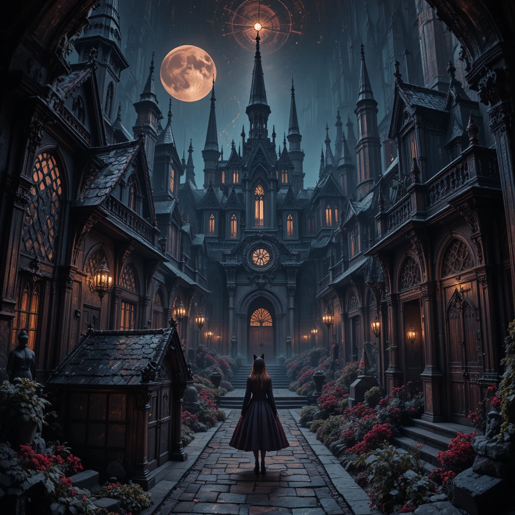 Alice wandering through a dark gothic wonderland city