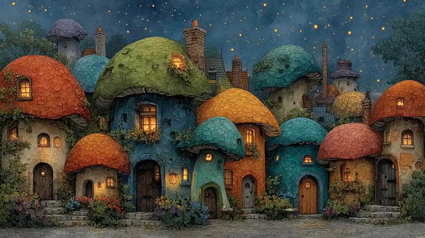 Whimsical Mushroom Village Glowing Softly At Twilight