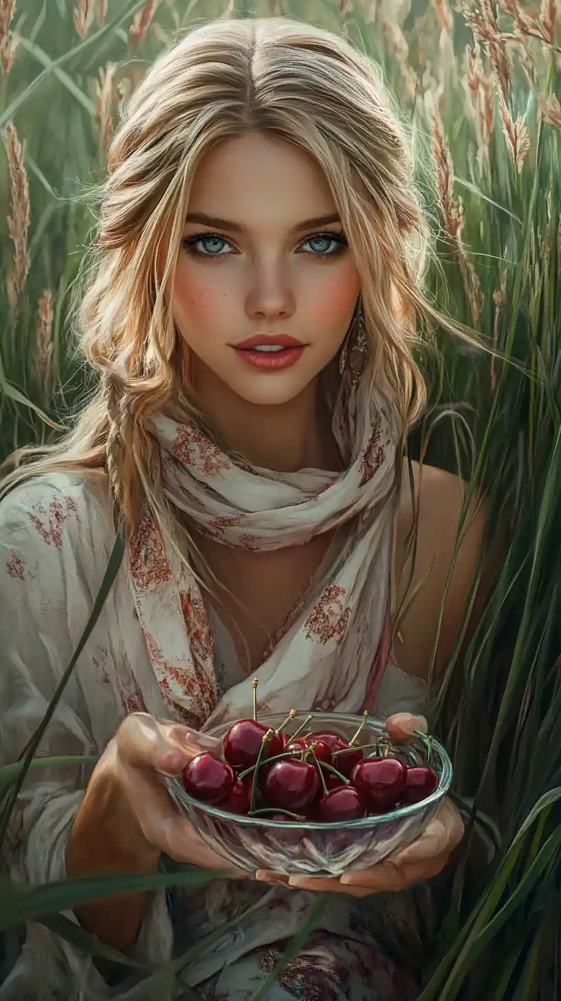 Fantasy woman with cherries in tall summer grass