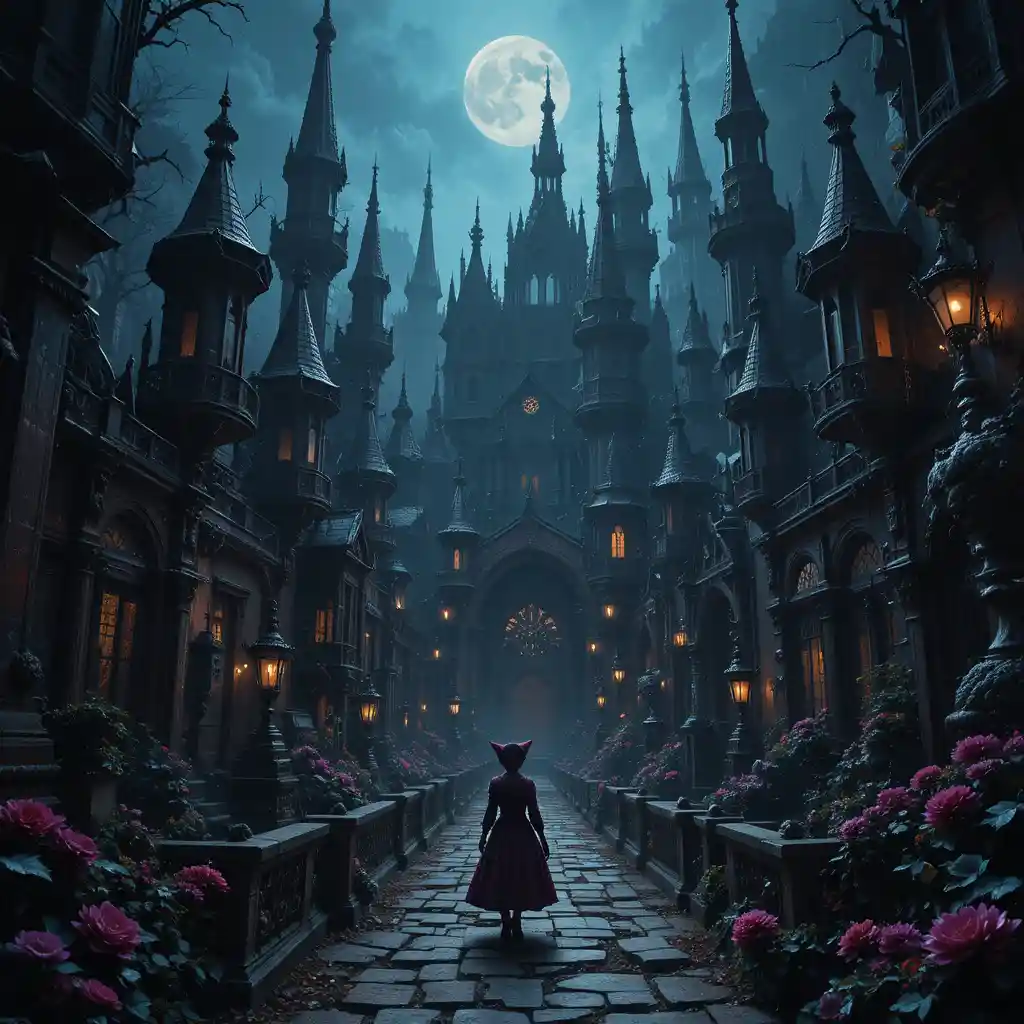 Alice wanders through a dark gothic wonderland city