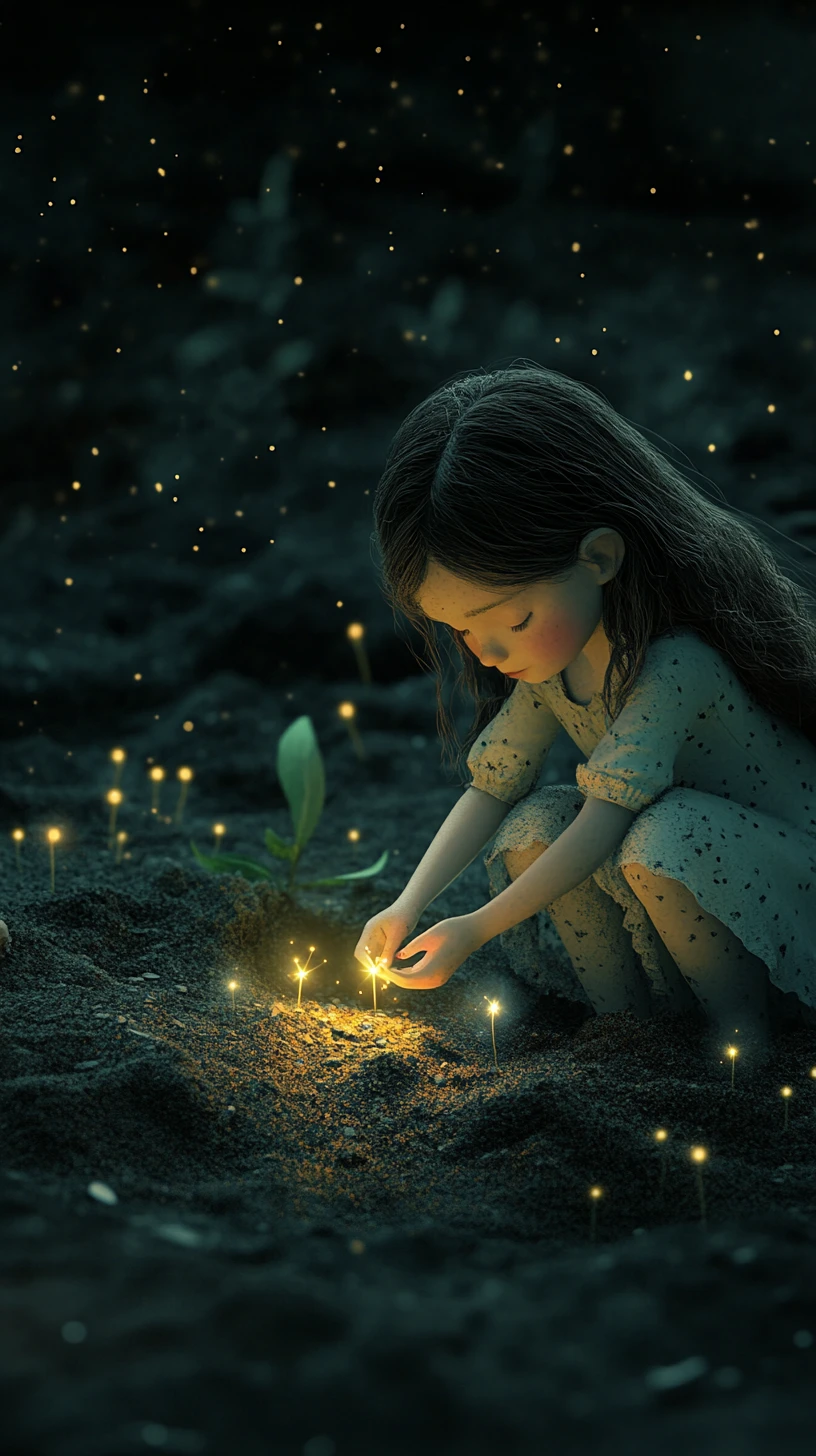 Girl Planting Glowing Stars In A Surreal Night Garden