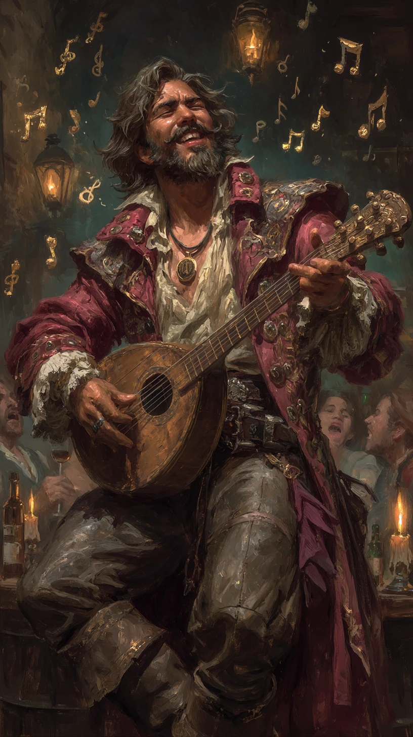 Medieval bard playing lute in a warm candlelit tavern