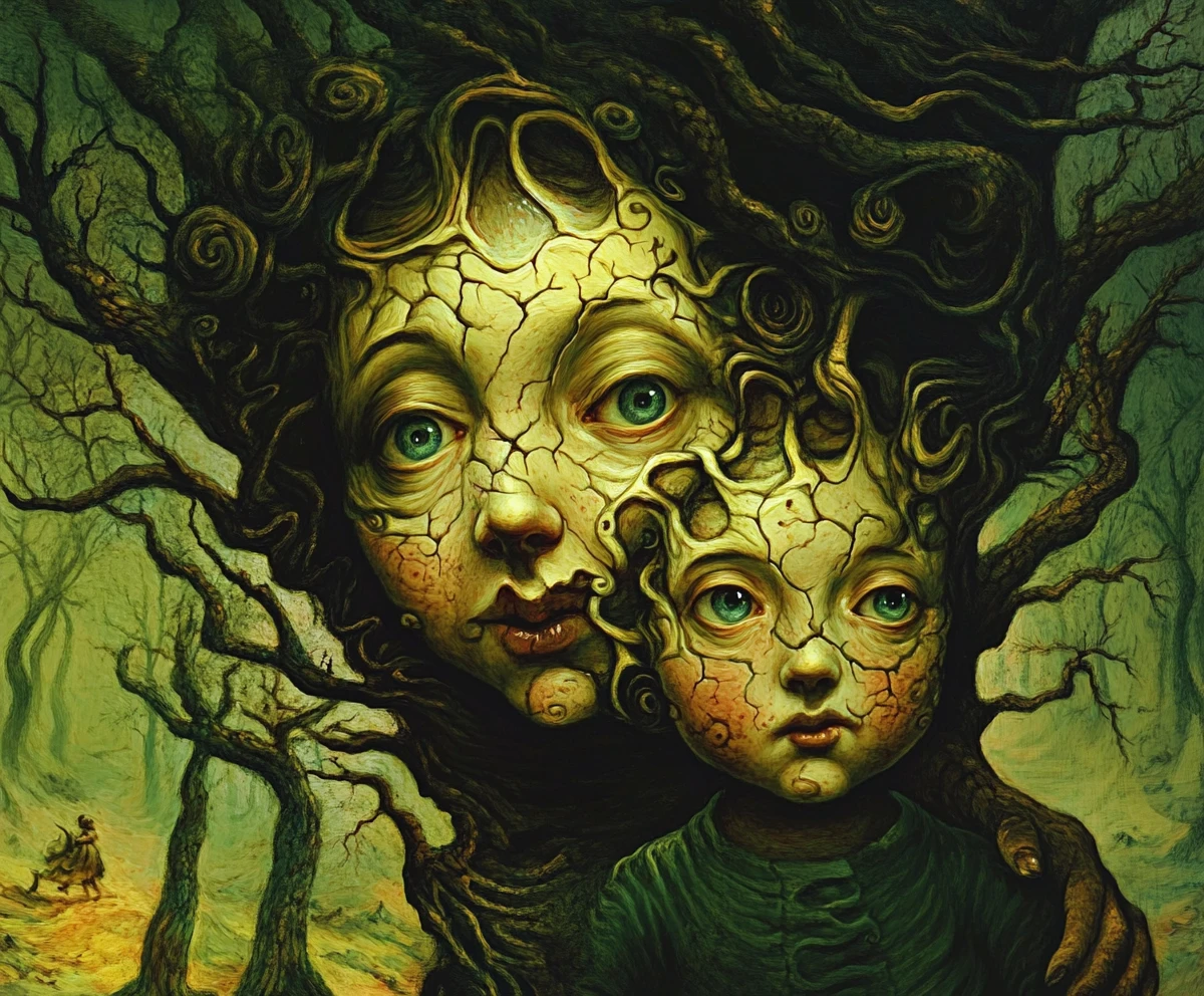 Surreal illusion of a mother and child in shifting forms