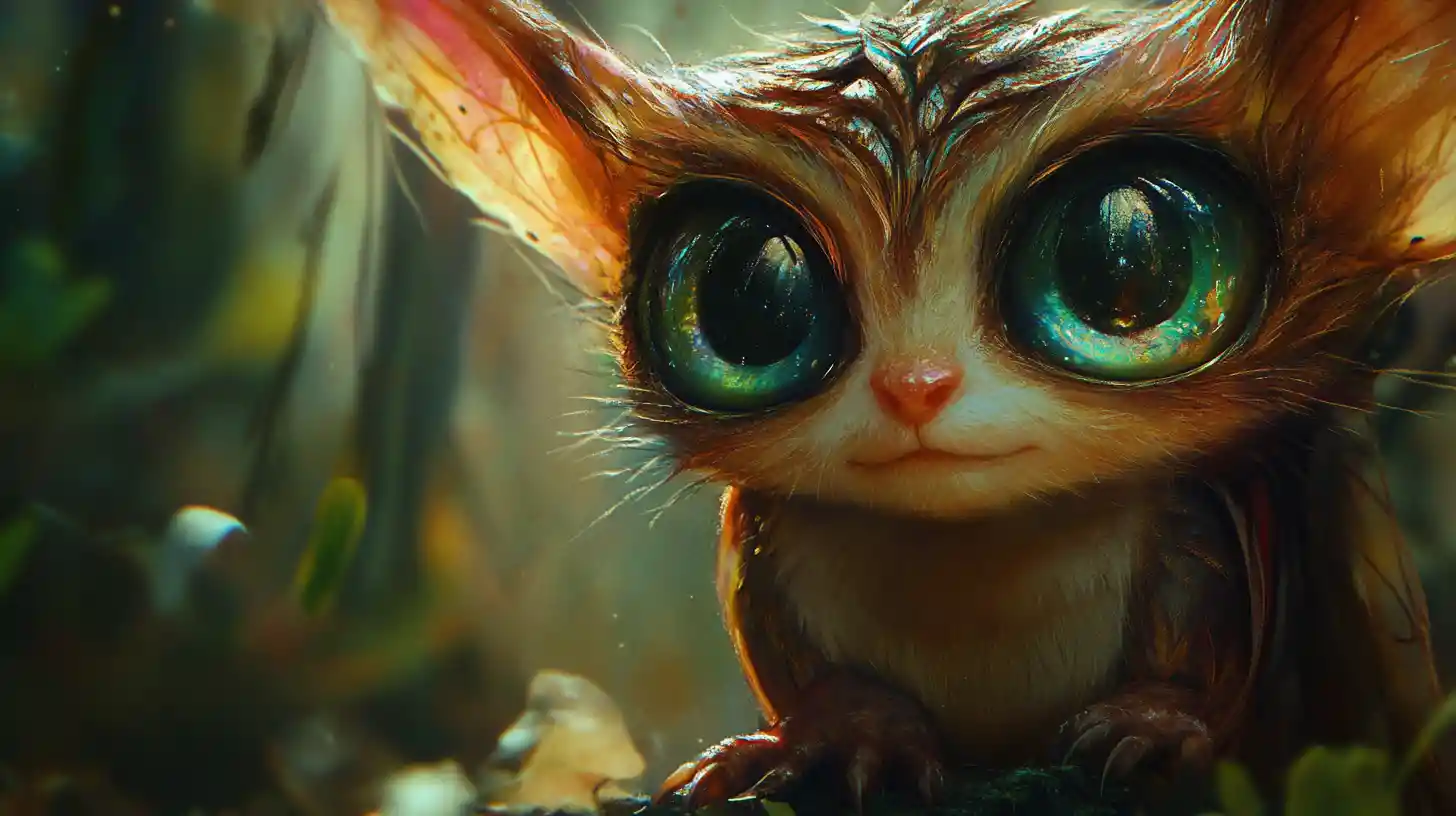 Baby fantasy elf creature with shimmering gradient eyes