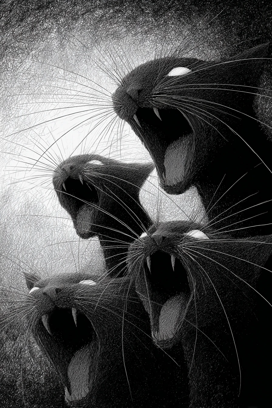 Creepy humanoid cats with gaping jaws in smoky monochrome