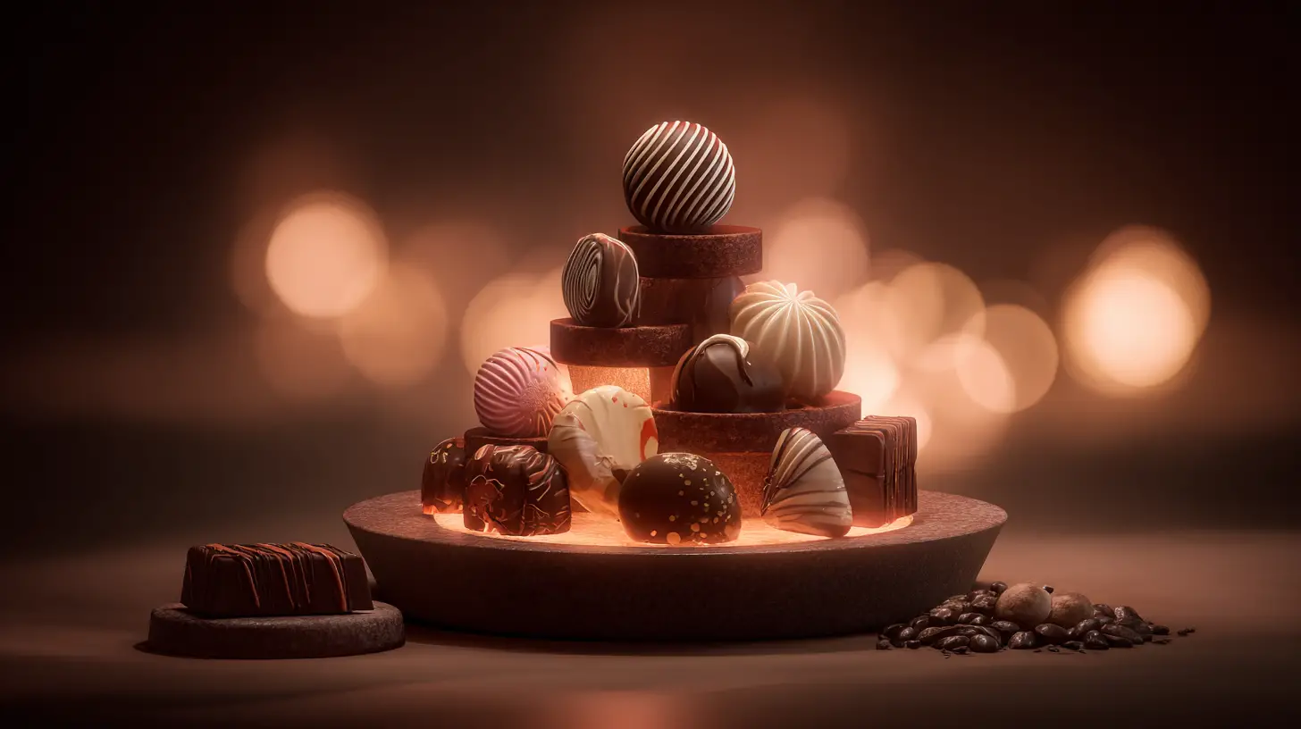 Gourmet chocolate assortment on stand in warm soft light