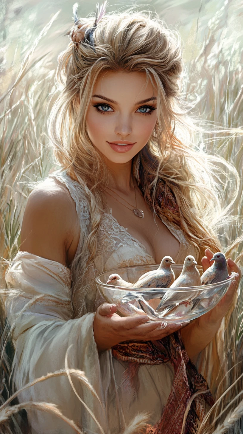 Happy fantasy woman holding a glass bowl in tall grass