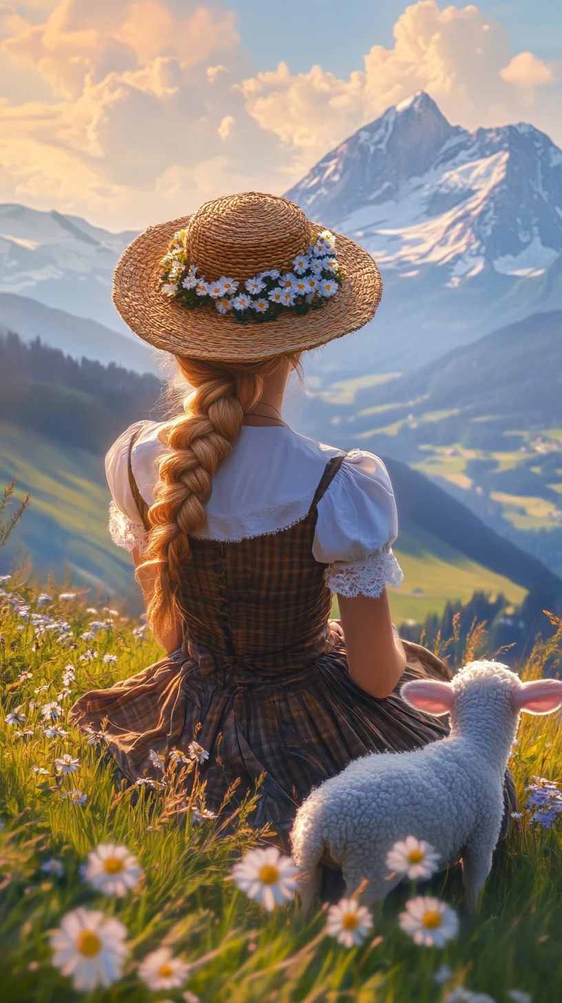Young woman with lamb resting in alpine meadow at sunset