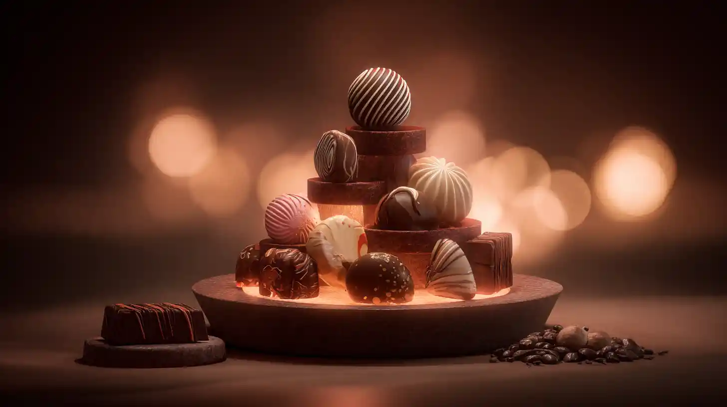 Gourmet chocolate assortment on stand in warm soft light