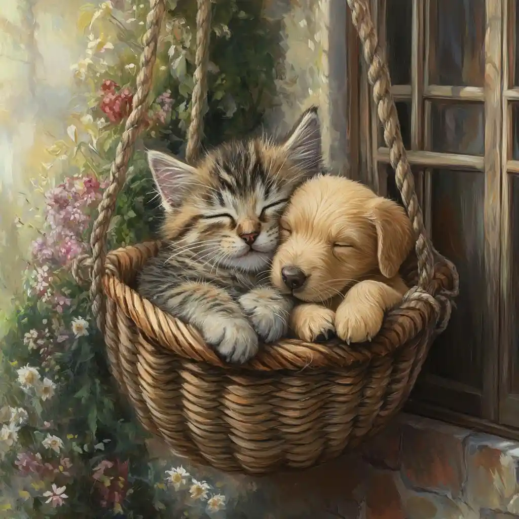 Tabby cat and puppy cuddling in a basket on veranda