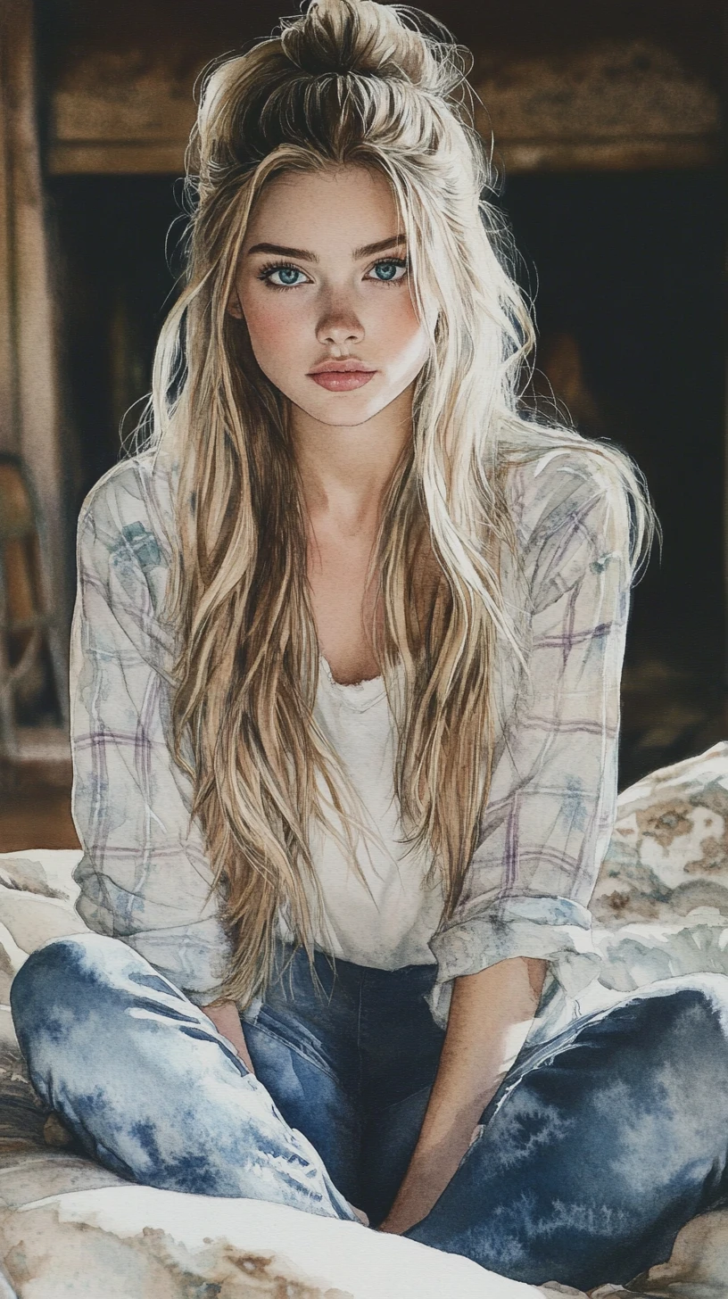 Blonde girl in summer pajamas by a glowing fireplace