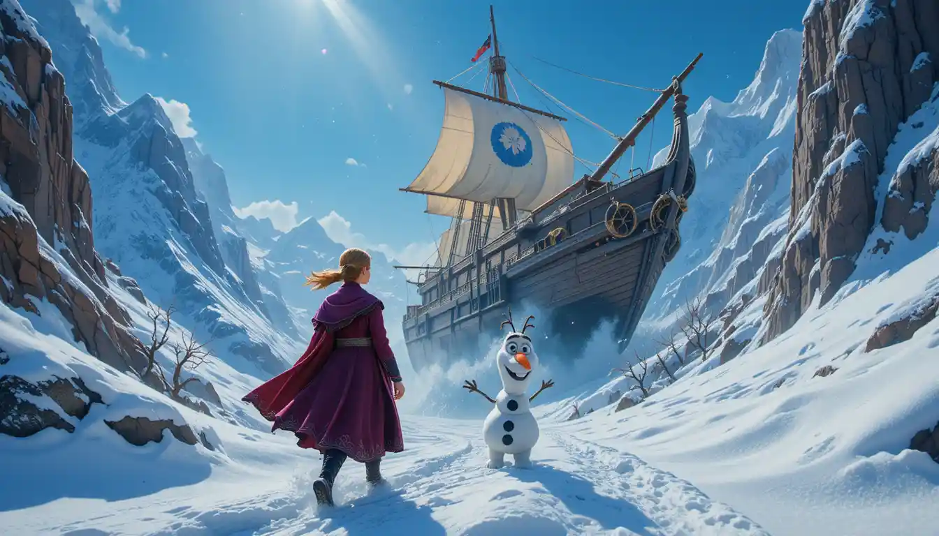 Brave young girl crossing a snowy fantasy mountain landscape
