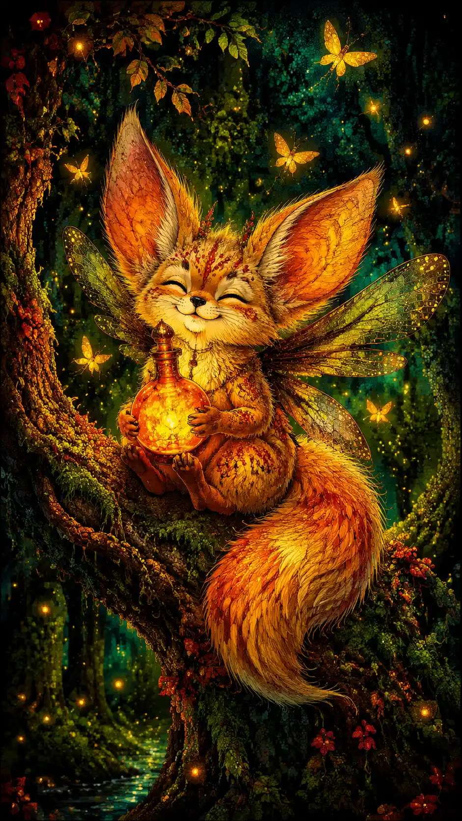 Fox fairy creature with glowing bottle in mossy forest