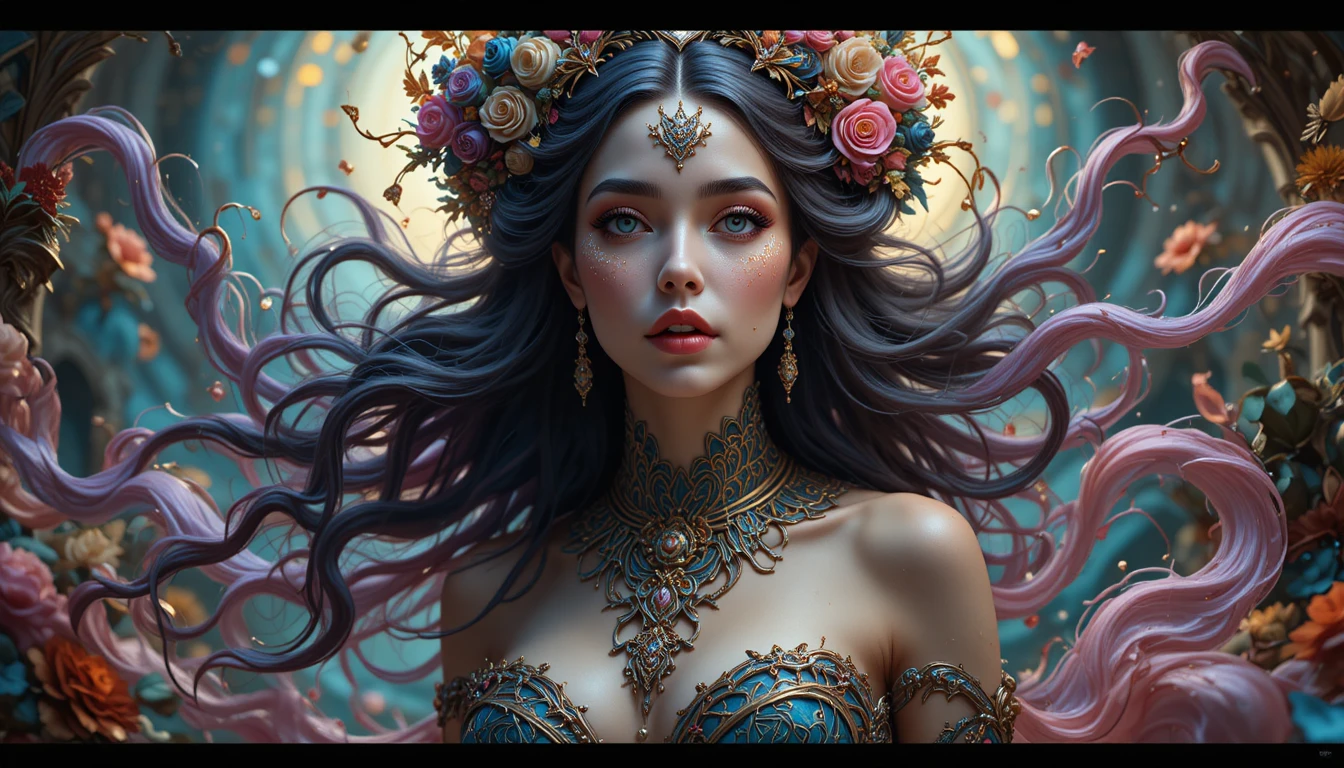 Enchanting fantasy woman emerging from a vibrant surreal realm