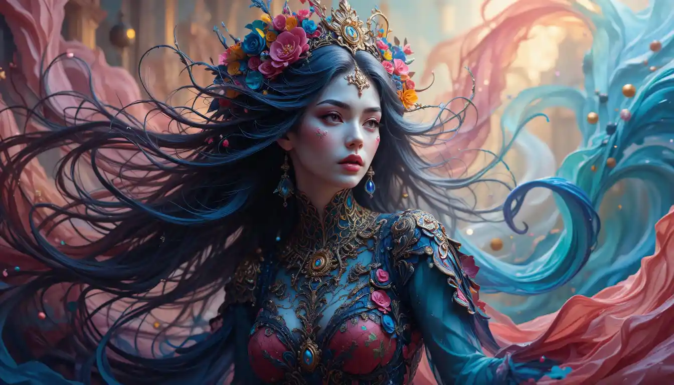 Otherworldly fantasy enchantress in vibrant flowing colors