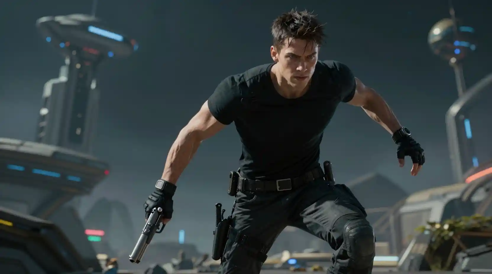 Athletic rogue hero in black tactical outfit ready to fight