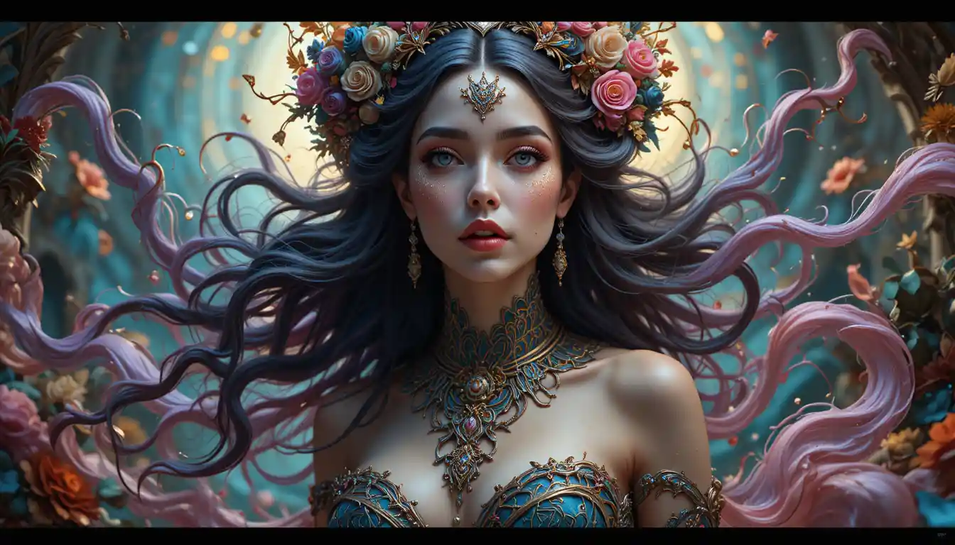 Enchanting fantasy woman emerging from a vibrant surreal realm