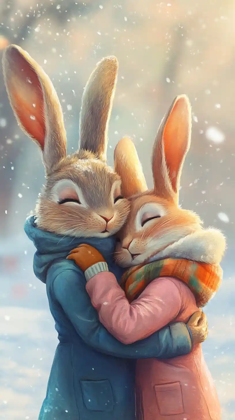 Two hugging rabbits in a snowy watercolor postcard scene