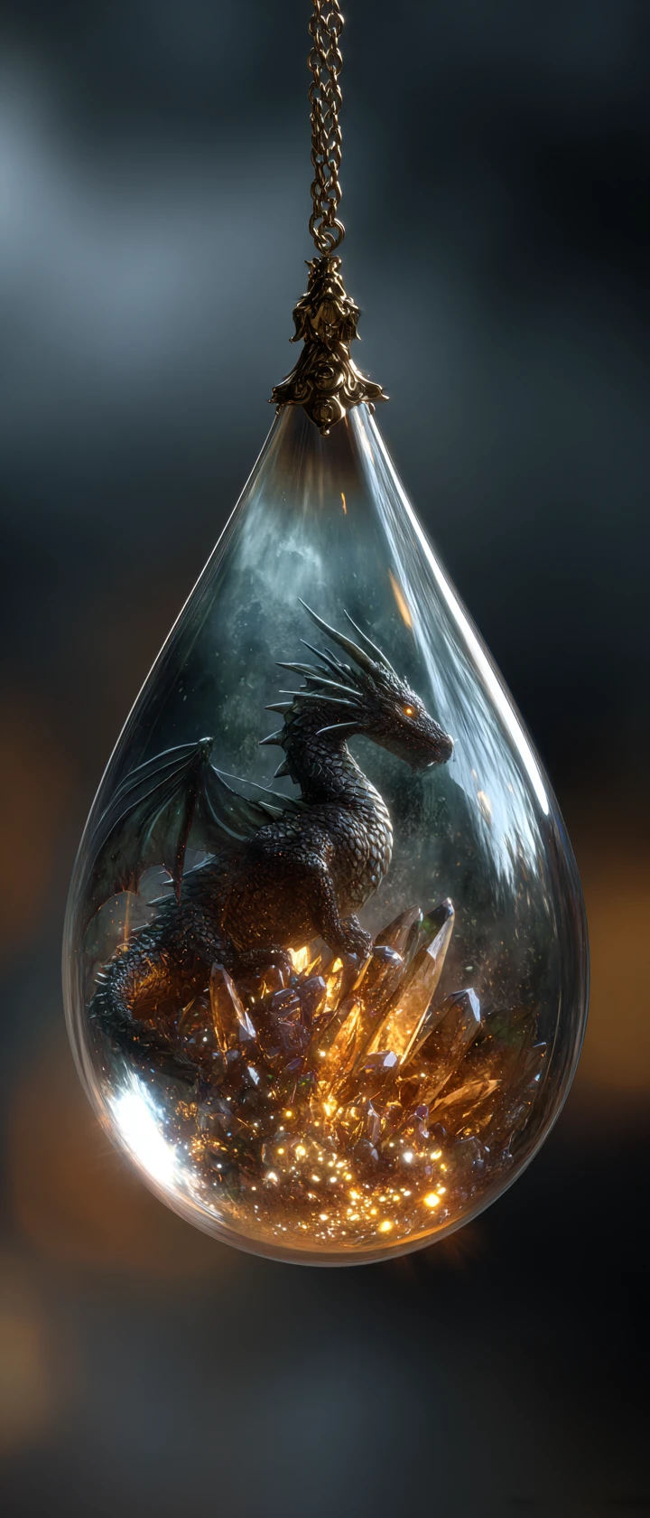 Tiny Dragon In A Raindrop Guarding Glowing Crystal Hoard