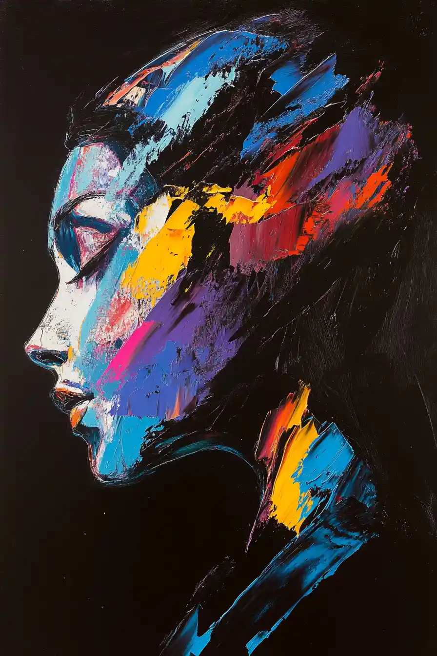 Abstract impasto portrait of a woman in vibrant colors