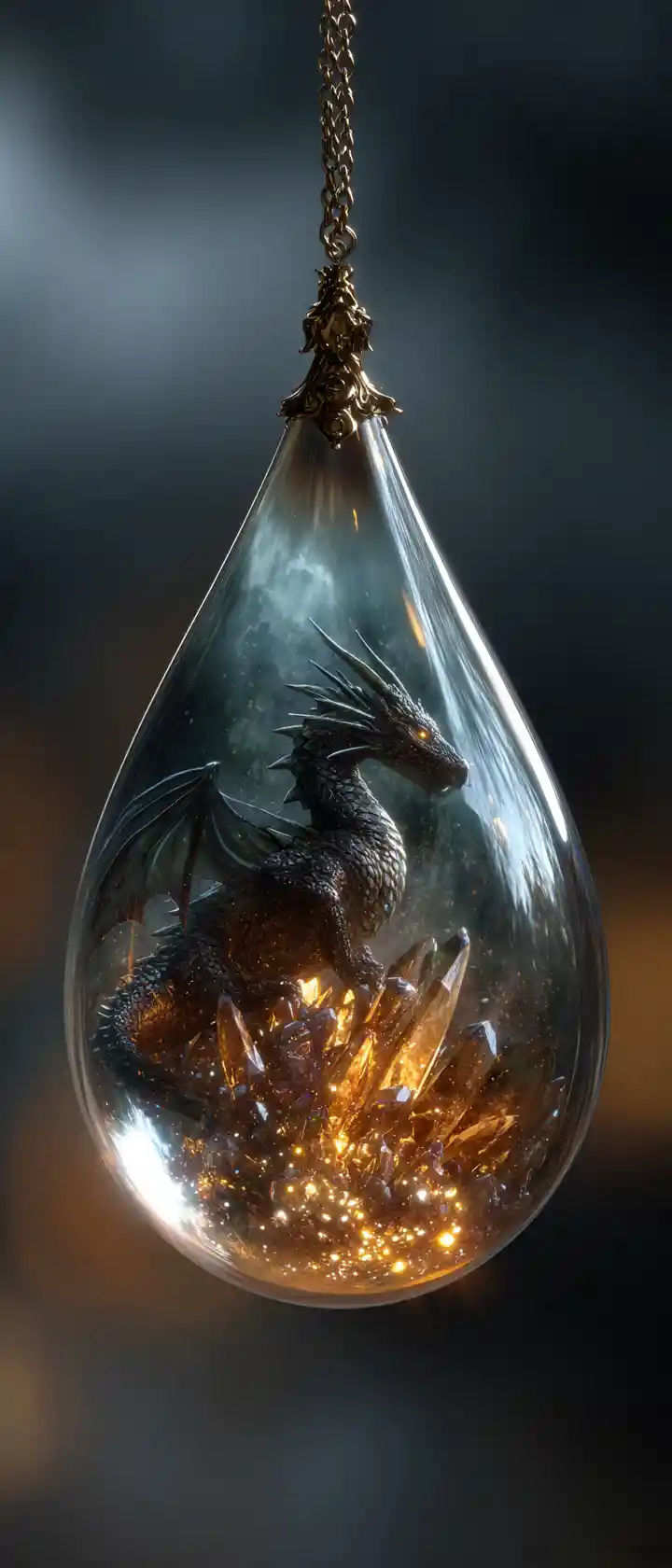 Tiny Dragon In A Raindrop Guarding Glowing Crystal Hoard